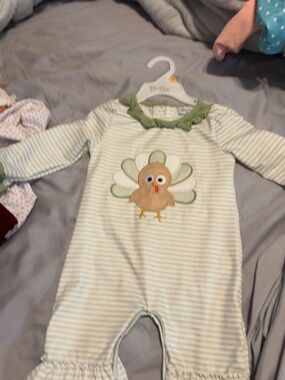 Striped Green Turkey Appliqué Baby One-Piece Romper